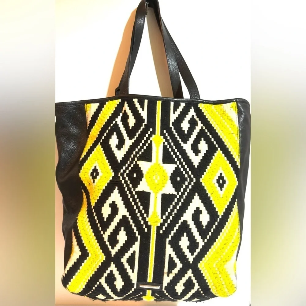 Rebecca Mankoff Black woven canvas leather and Yellow Patterned Tote Bag